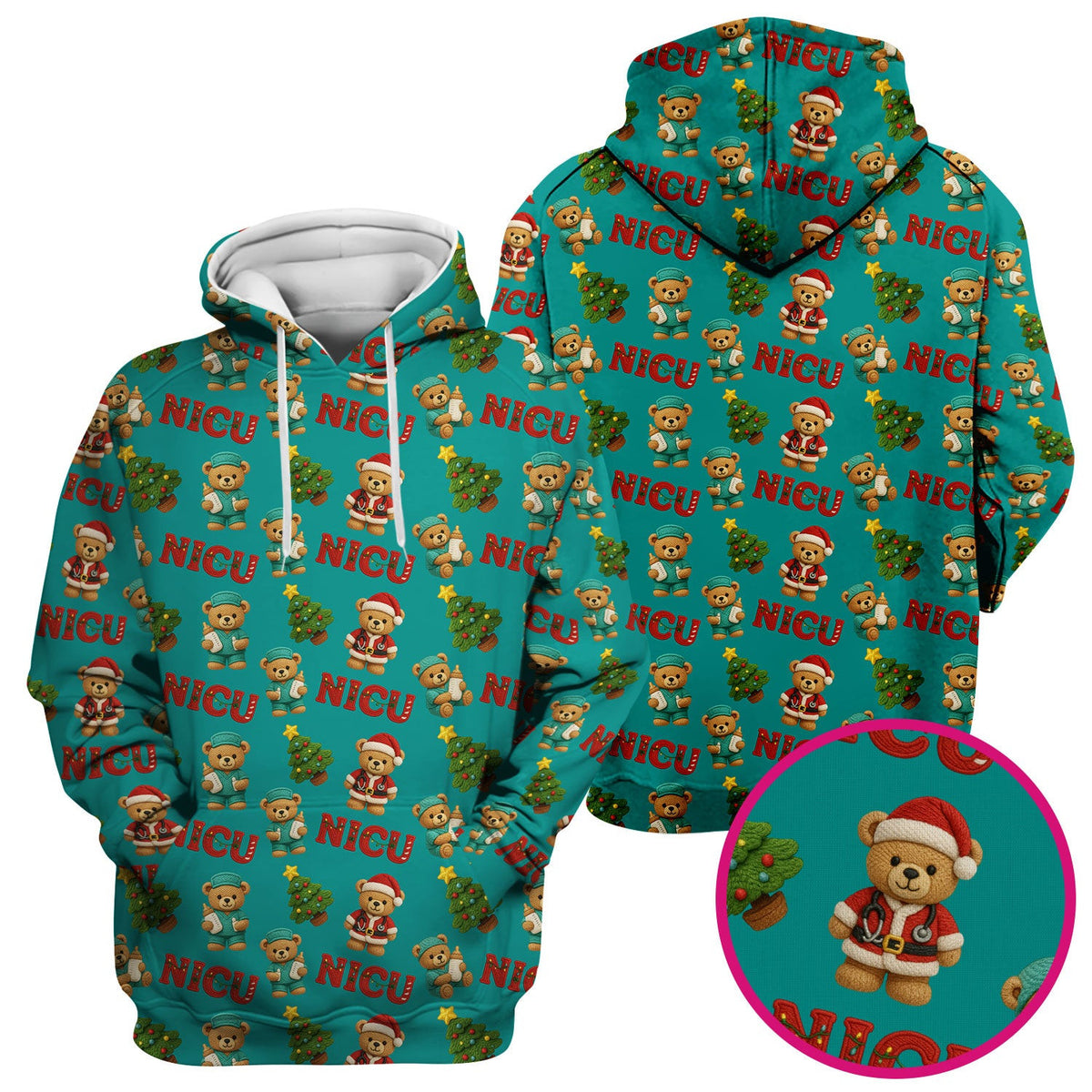 Festive Christmas NICU Nurse Teddy Bear Pattern, Breathable Fabrics Nursing Uniform