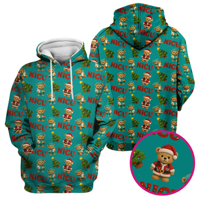 Festive Christmas NICU Nurse Teddy Bear Pattern, Breathable Fabrics Nursing Uniform