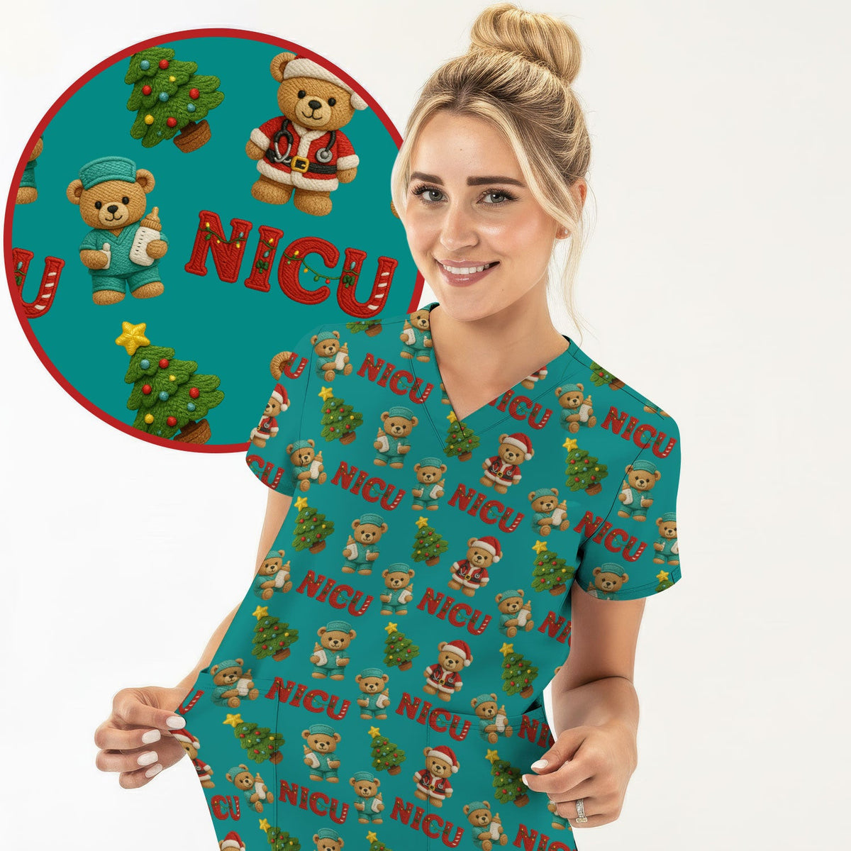 Festive Christmas NICU Nurse Teddy Bear Pattern, Breathable Fabrics Nursing Uniform