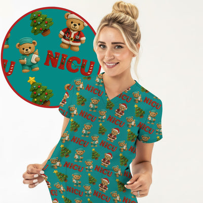 Festive Christmas NICU Nurse Teddy Bear Pattern, Breathable Fabrics Nursing Uniform