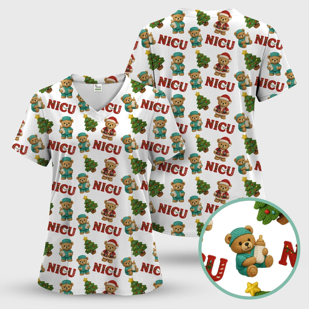Festive Christmas NICU Nurse Teddy Bear Pattern, Breathable Fabrics Nursing Uniform