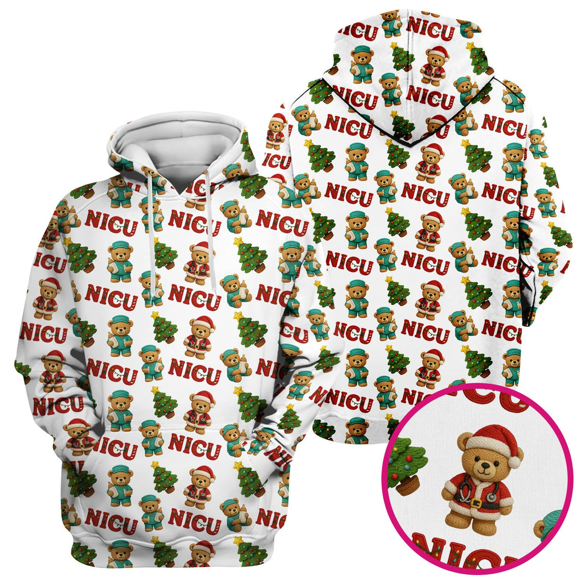 Festive Christmas NICU Nurse Teddy Bear Pattern, Breathable Fabrics Nursing Uniform