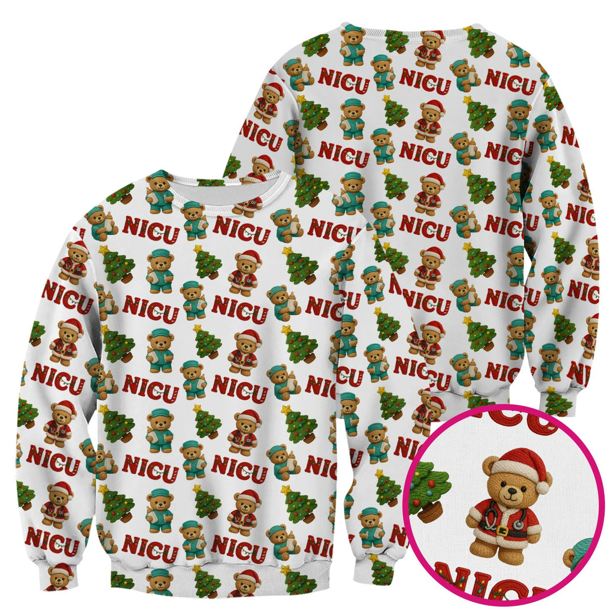 Festive Christmas NICU Nurse Teddy Bear Pattern, Breathable Fabrics Nursing Uniform