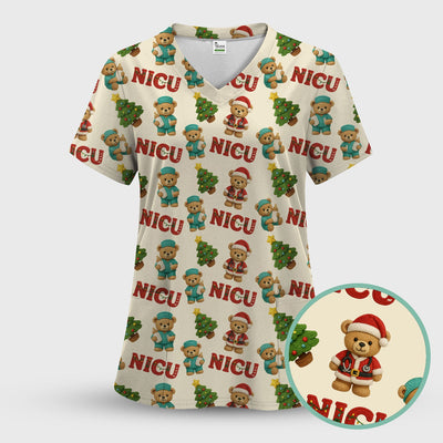 Festive Christmas NICU Nurse Teddy Bear Pattern, Breathable Fabrics Nursing Uniform