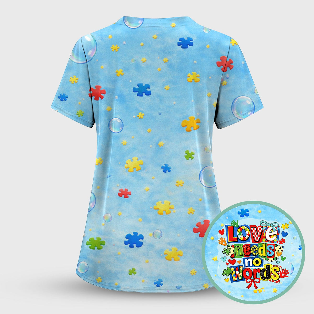 Autism Awareness Nurse Puzzle Love Needs No Words Pattern Scrub Top, Comfortable Scrubs for Nurses
