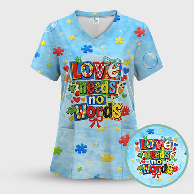 Autism Awareness Nurse Puzzle Love Needs No Words Pattern Scrub Top, Comfortable Scrubs for Nurses
