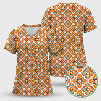 Orange Retro Geometric Floral Pattern Scrub Top, Comfortable Scrubs for Nurses
