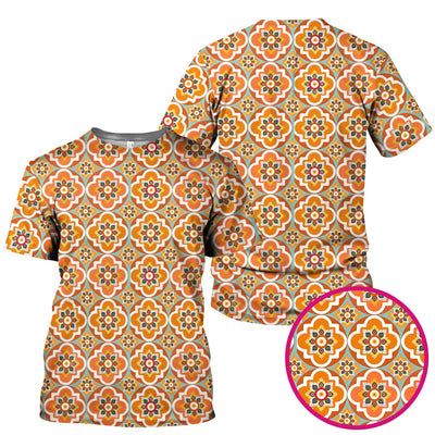 Orange Retro Geometric Floral Pattern Scrub Top, Comfortable Scrubs for Nurses