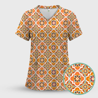 Orange Retro Geometric Floral Pattern Scrub Top, Comfortable Scrubs for Nurses