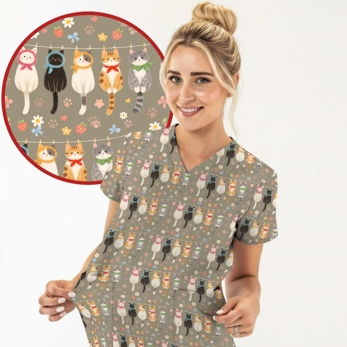 Cute Cat Clothesline Pattern Scrub Top, Comfortable Scrubs for Nurses