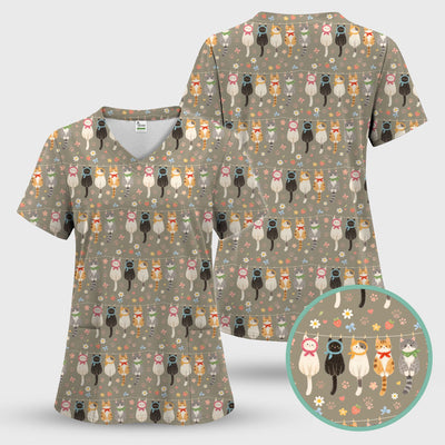 Cute Cat Clothesline Pattern Scrub Top, Comfortable Scrubs for Nurses