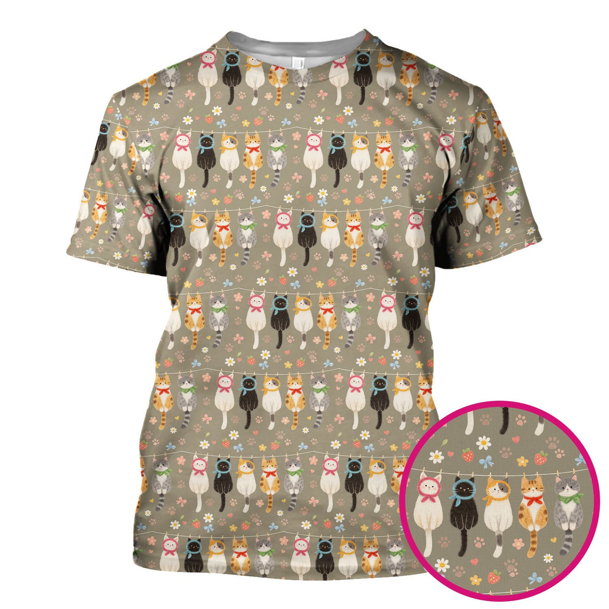 Cute Cat Clothesline Pattern Scrub Top, Comfortable Scrubs for Nurses