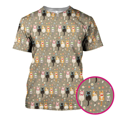 Cute Cat Clothesline Pattern Scrub Top, Comfortable Scrubs for Nurses