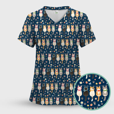 Cute Cat Clothesline Pattern Scrub Top, Comfortable Scrubs for Nurses