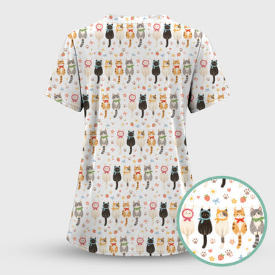 Cute Cat Clothesline Pattern Scrub Top, Comfortable Scrubs for Nurses