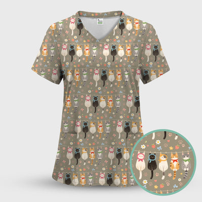 Cute Cat Clothesline Pattern Scrub Top, Comfortable Scrubs for Nurses