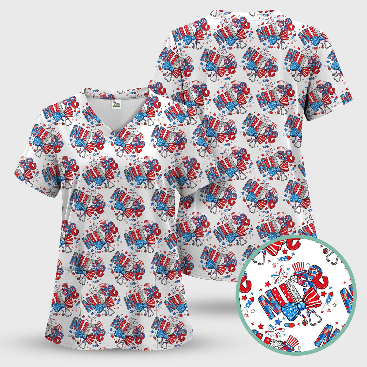 USA Nurse Stethoscope Patriotic Bow Hat Pattern Scrubs Top, Comfortable Scrubs for Nurses