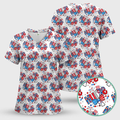 USA Nurse Stethoscope Patriotic Bow Hat Pattern Scrubs Top, Comfortable Scrubs for Nurses