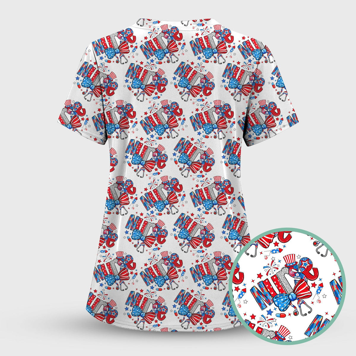 USA Nurse Stethoscope Patriotic Bow Hat Pattern Scrubs Top, Comfortable Scrubs for Nurses