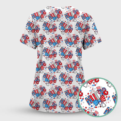 USA Nurse Stethoscope Patriotic Bow Hat Pattern Scrubs Top, Comfortable Scrubs for Nurses