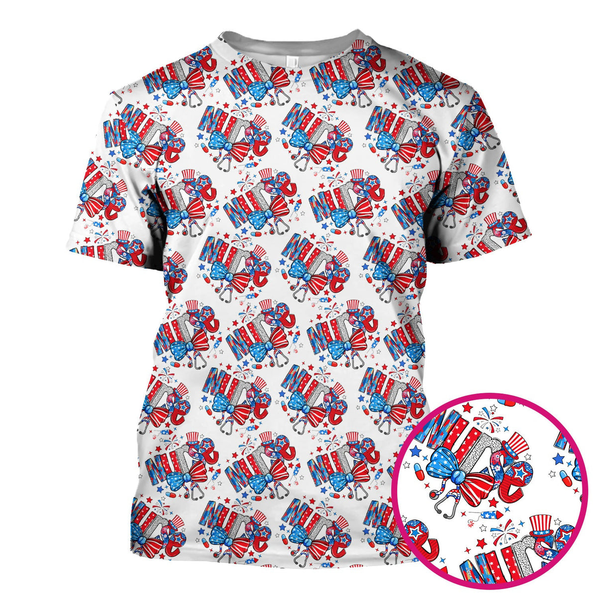 USA Nurse Stethoscope Patriotic Bow Hat Pattern Scrubs Top, Comfortable Scrubs for Nurses
