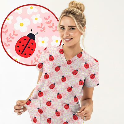 Cute Ladybug Blossom Print Scrub Top, Pastel Garden Medical Scrubs for Women