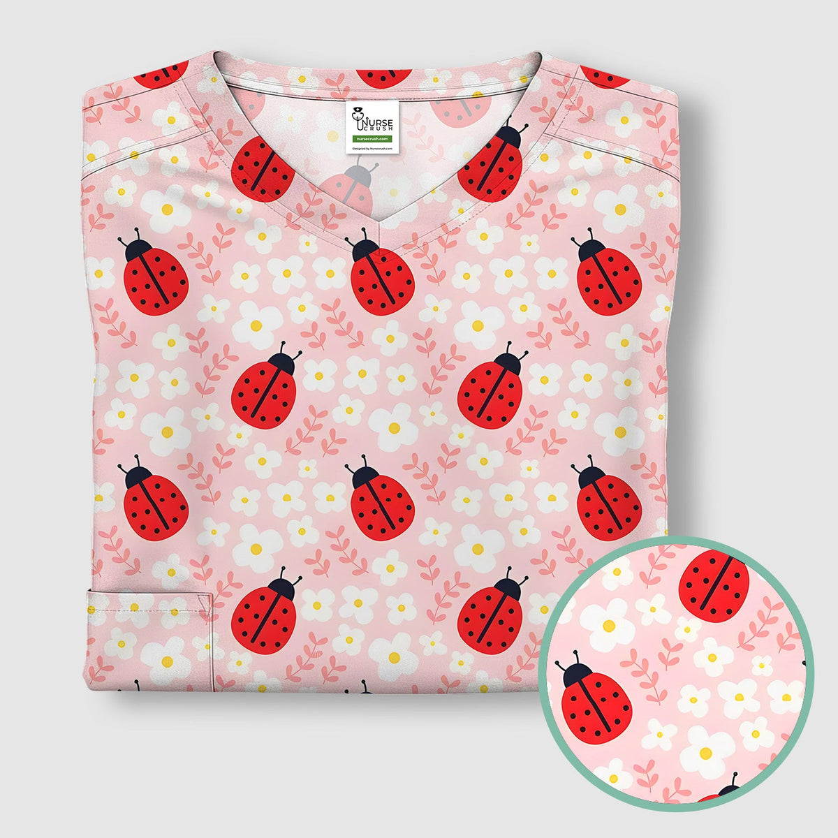 Cute Ladybug Blossom Print Scrub Top, Pastel Garden Medical Scrubs for Women