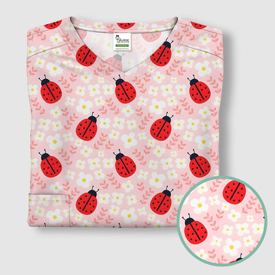 Cute Ladybug Blossom Print Scrub Top, Pastel Garden Medical Scrubs for Women