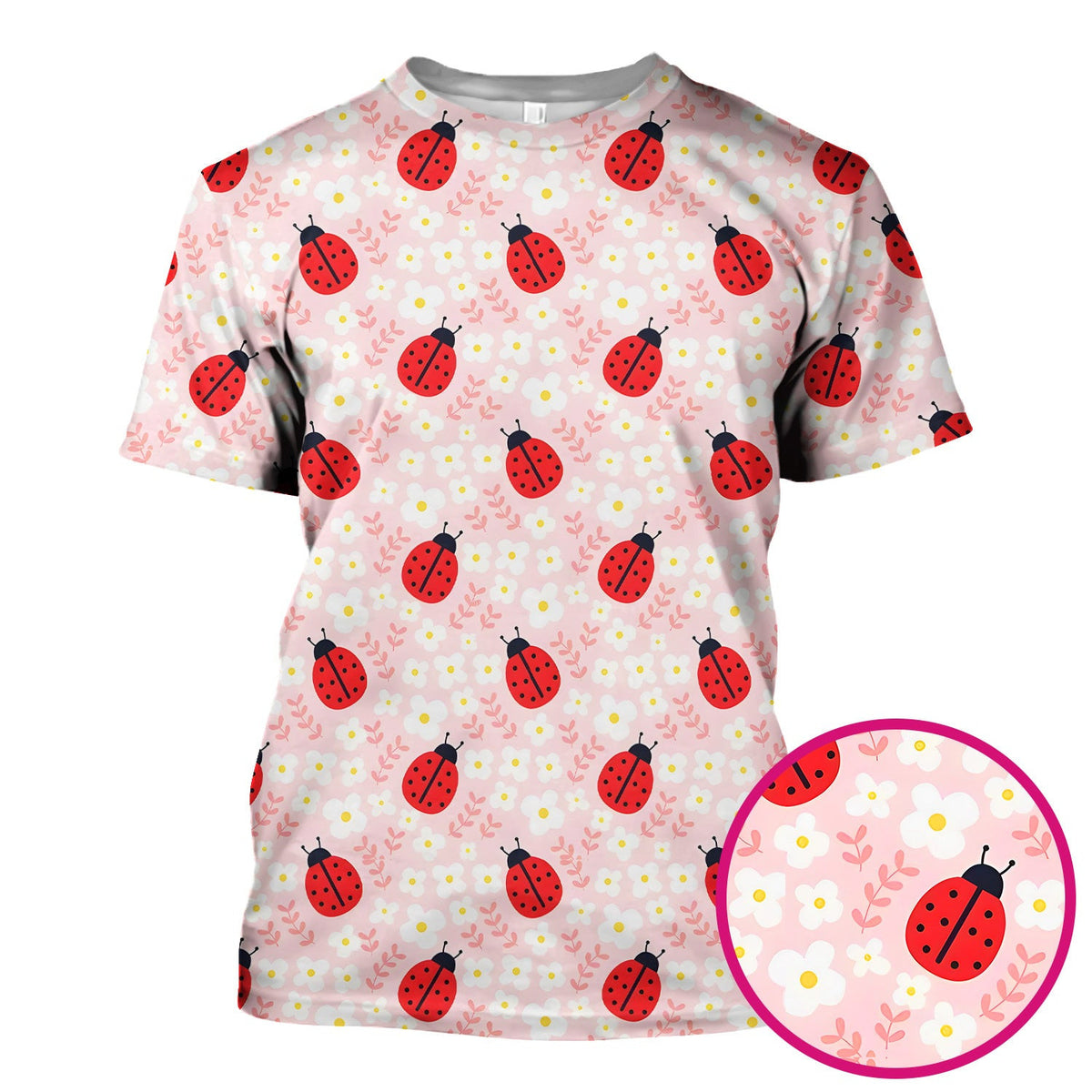 Cute Ladybug Blossom Print Scrub Top, Pastel Garden Medical Scrubs for Women