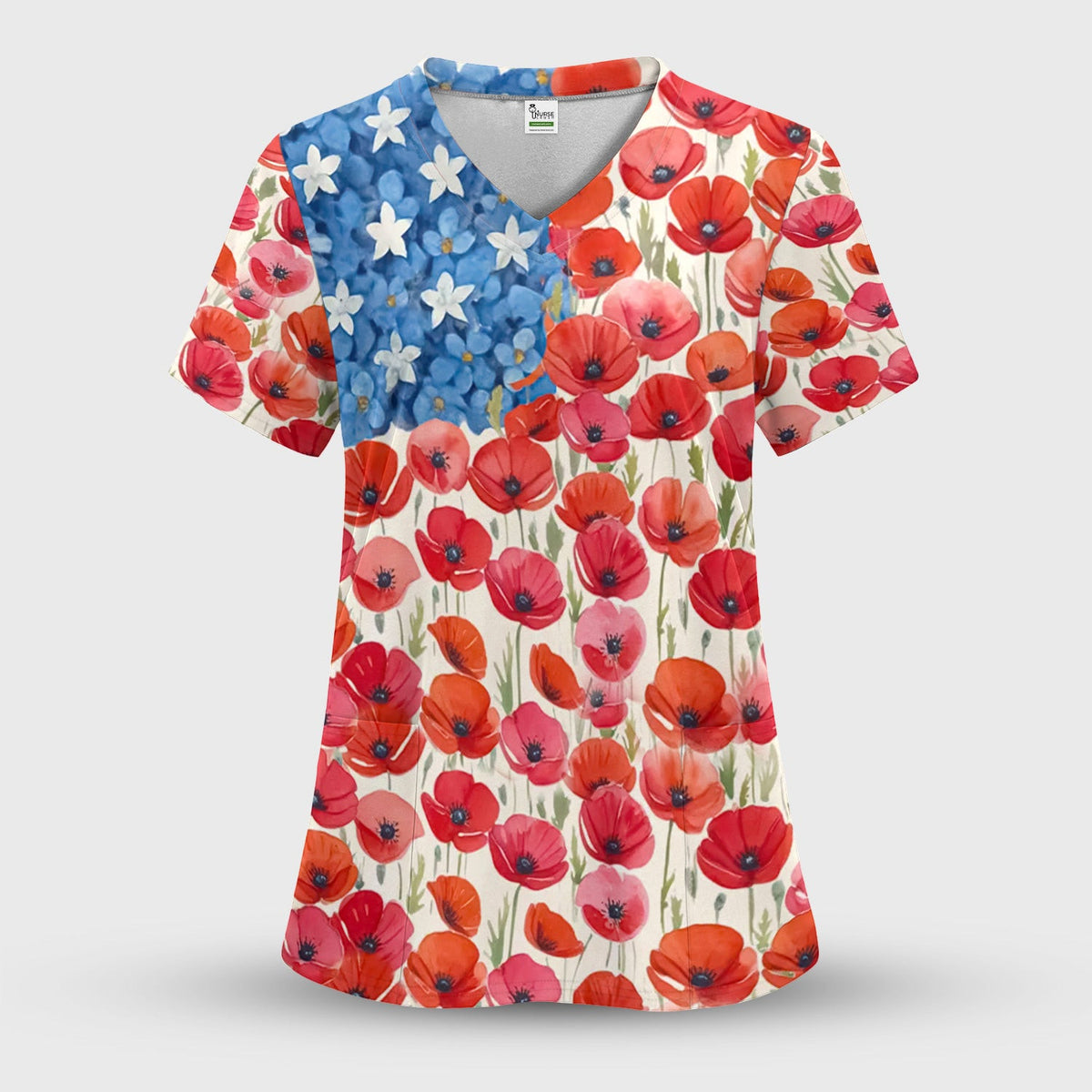 Memorial Day Nurse Poppy American Flag Scrub Top, Comfortable Scrubs for Nurses