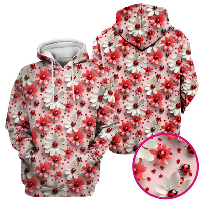 Red Ladybug Flower Pattern Scrub Top, Cute Spring Floral Nursing Uniform for Women
