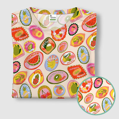Summer Colorful Fruit Sticker Pattern Scrub Top, Comfortable Scrubs For Nurses