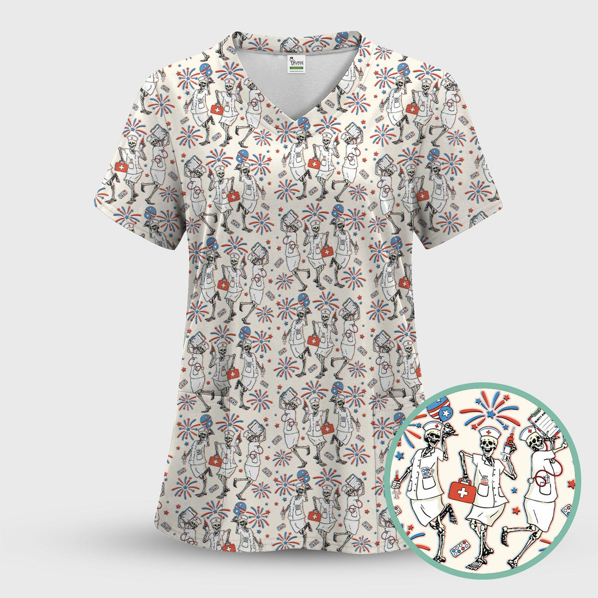 Funny Skeleton Nurse Patriotic Print Scrub Top, Halloween USA Fireworks Nursing Uniform for Women