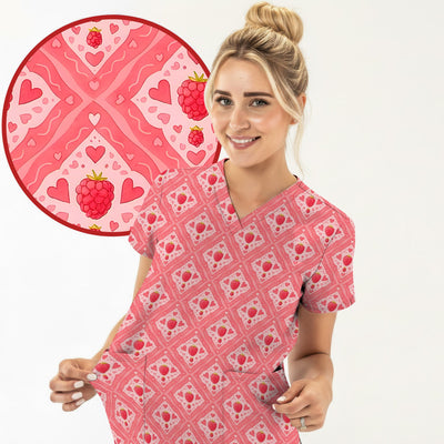 Cute Raspberry Heart Diamond Pattern Scrub Top, Comfortable Scrubs for Nurses