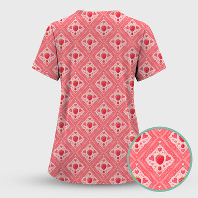 Cute Raspberry Heart Diamond Pattern Scrub Top, Comfortable Scrubs for Nurses
