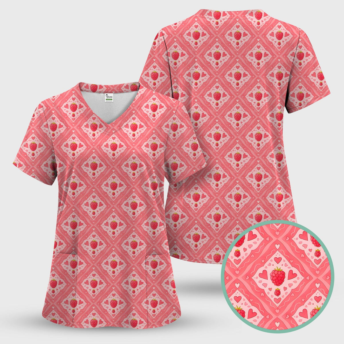 Cute Raspberry Heart Diamond Pattern Scrub Top, Comfortable Scrubs for Nurses