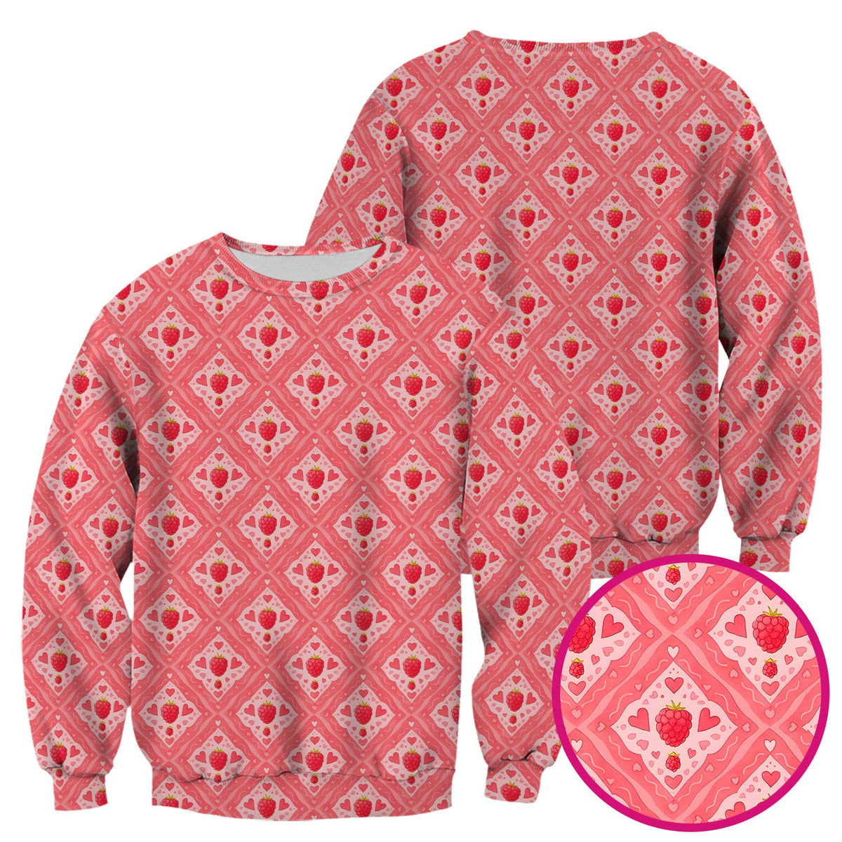 Cute Raspberry Heart Diamond Pattern Scrub Top, Comfortable Scrubs for Nurses