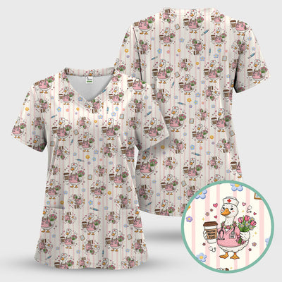 Cartoon Nurse Goose Pattern Scrub Top, Comfortable Scrubs for Nurses