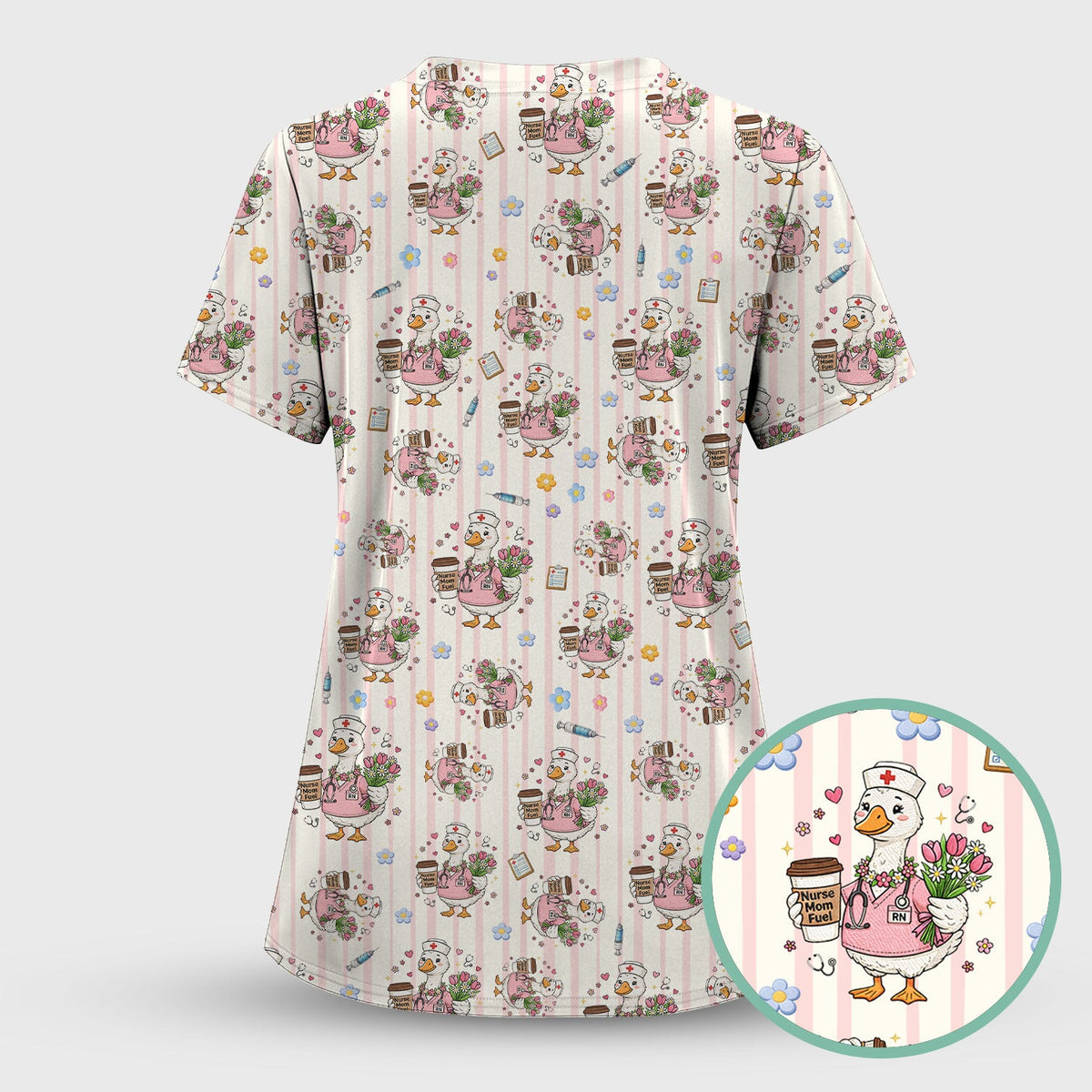 Cartoon Nurse Goose Pattern Scrub Top, Comfortable Scrubs for Nurses