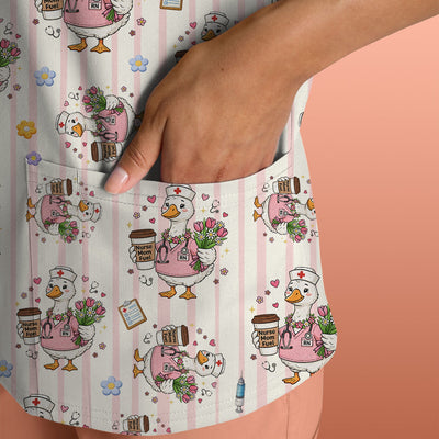 Cartoon Nurse Goose Pattern Scrub Top, Comfortable Scrubs for Nurses