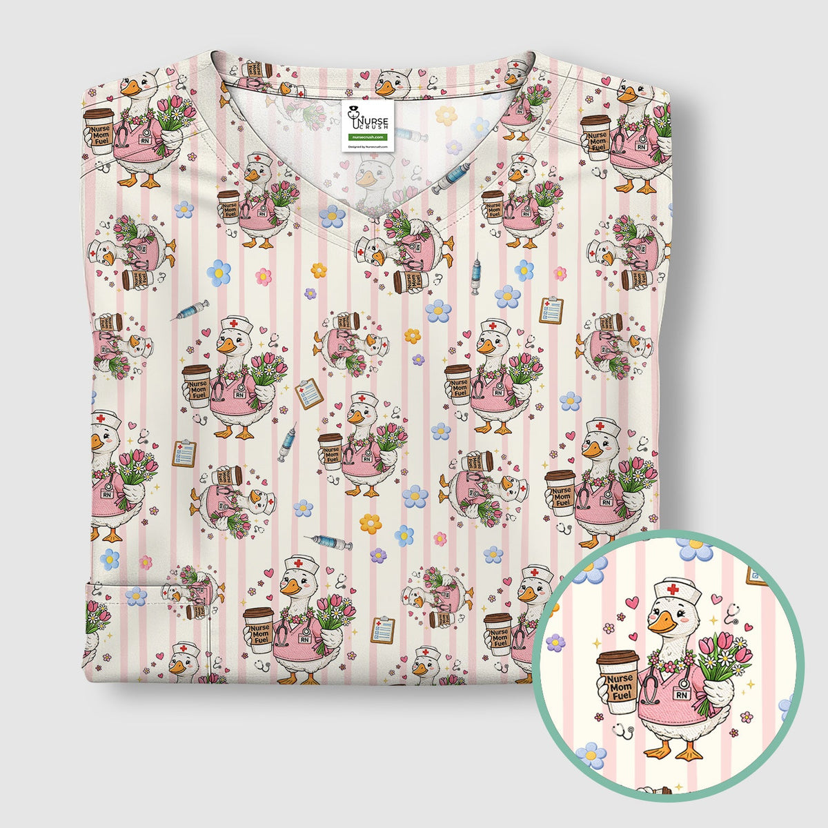 Cartoon Nurse Goose Pattern Scrub Top, Comfortable Scrubs for Nurses