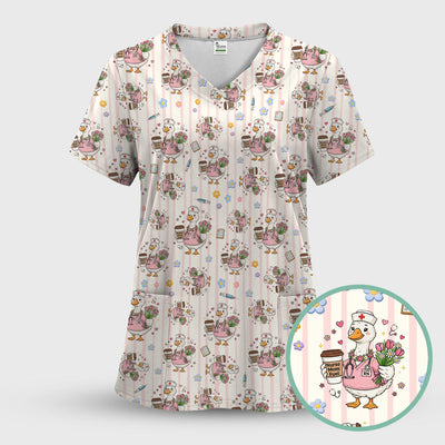 Cartoon Nurse Goose Pattern Scrub Top, Comfortable Scrubs for Nurses