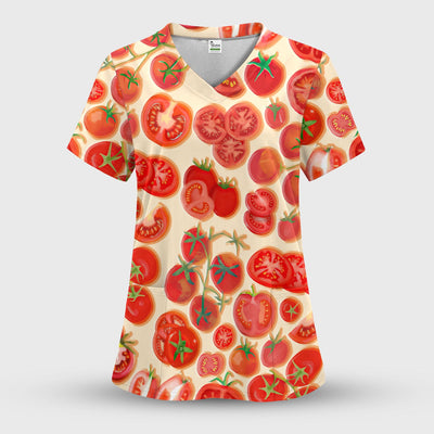 Fresh Tomato Slices Cherry Tomato Pattern Scrubs Top, Comfortable Scrubs for Nurses