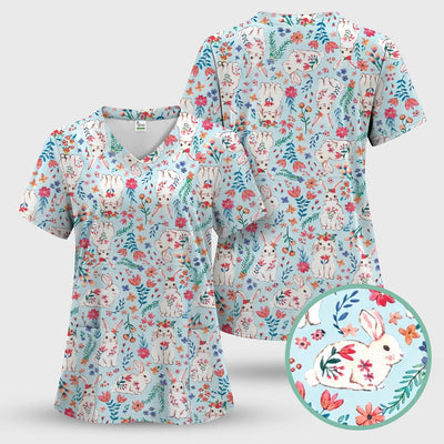 Springtime Bunny Floral Pattern Scrub Top, Breathable Fabric Scrubs for Nurses
