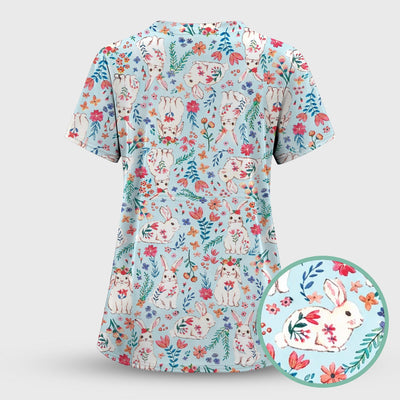 Springtime Bunny Floral Pattern Scrub Top, Breathable Fabric Scrubs for Nurses