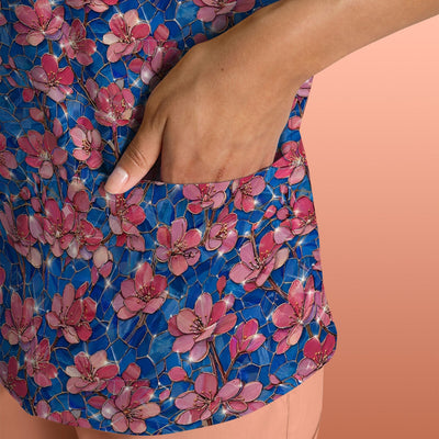 Pink Cherry Blossom Floral Pattern Scrub Top, Comfortable Scrubs for Nurses