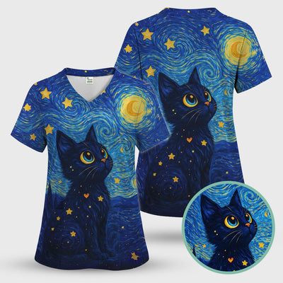 Black Cat Starry Night Pattern Scrub Top, Comfortable Scrubs for Nurses