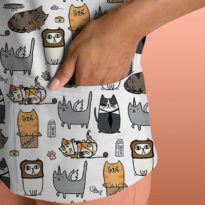 Lazy Cat Doodle Pattern Scrub Top, All Over Cozy Kitty Nursing Uniform for Women