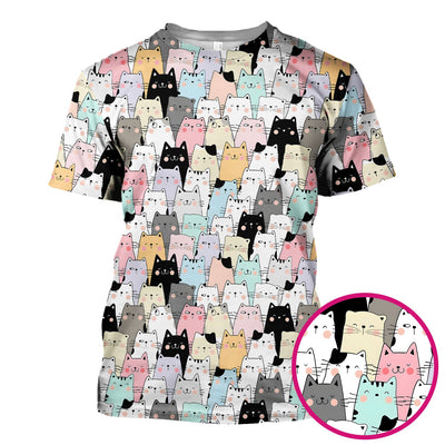 Playful Cartoon Cat Crowd Pattern Scrub Top, Comfortable Scrubs for Nurses