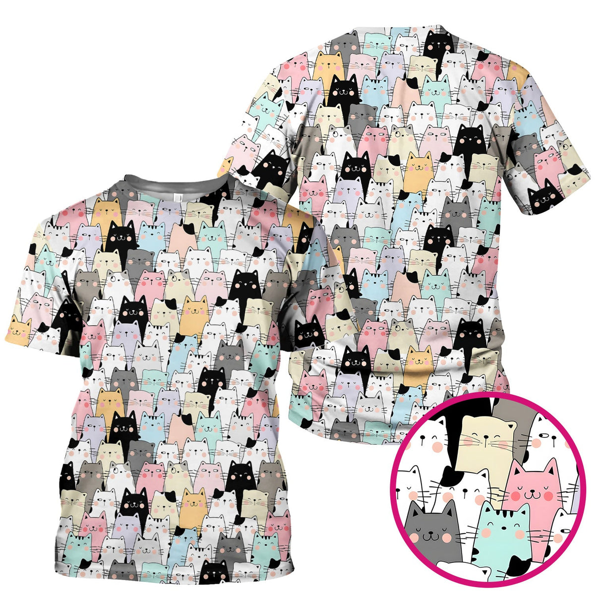 Playful Cartoon Cat Crowd Pattern Scrub Top, Comfortable Scrubs for Nurses